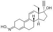 13-Ethyl-17-hydroxy-18,19-dinorpregna-4,9,11-trien-20-yn-3-one 3-oxime Struktur