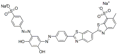 disodium 2'-[4-[[2,4-dihydroxy-5-[(4-sulphonatophenyl)azo]phenyl]azo]phenyl]-6-methyl[2,6'-bibenzothiazole]-7-sulphonate Structure