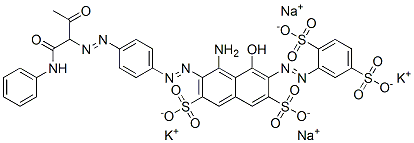 4-アミノ-6-[(2,5-ジスルホフェニル)アゾ]-5-ヒドロキシ-3-[[4-[[2-オキソ-1-[(フェニルアミノ)カルボニル]プロピル]アゾ]フェニル]アゾ]-2,7-ナフタレンジスルホン酸/カリウム/ナトリウム,(1:x:x) 化学構造式