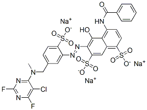 4-(ベンゾイルアミノ)-6-[[5-[[(5-クロロ-2,6-ジフルオロ-4-ピリミジニル)(メチル)アミノ]メチル]-2-スルホフェニル]アゾ]-5-ヒドロキシ-1,7-ナフタレンジスルホン酸/ナトリウム,(1:x) 化学構造式