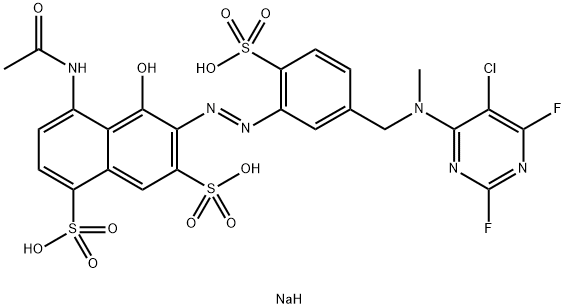 4-(アセチルアミノ)-6-[[5-[[(5-クロロ-2,6-ジフルオロ-4-ピリミジニル)(メチル)アミノ]メチル]-2-スルホフェニル]アゾ]-5-ヒドロキシ-1,7-ナフタレンジスルホン酸/ナトリウム,(1:x) 化学構造式