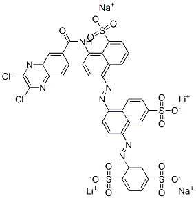 2-[[4-[[4-[[(2,3-ジクロロ-6-キノキサリニル)カルボニル]アミノ]-5-スルホ-1-ナフタレニル]アゾ]-7-スルホ-1-ナフタレニル]アゾ]-1,4-ベンゼンジスルホン酸/ナトリウム/リチウム,(1:x:x) 化学構造式