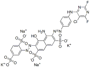 4-アミノ-3-[[4-[(5-クロロ-2,6-ジフルオロ-4-ピリミジニル)アミノ]フェニル]アゾ]-6-[(2,5-ジスルホフェニル)アゾ]-5-ヒドロキシ-2,7-ナフタレンジスルホン酸/カリウム/ナトリウム,(1:x:x) 化学構造式