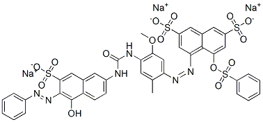 4-[[4-[[[[5-ヒドロキシ-6-(フェニルアゾ)-7-スルホナフタレン-2-イル]アミノ]カルボニル]アミノ]-5-メトキシ-2-メチルフェニル]アゾ]-5-[(フェニルスルホニル)オキシ]-2,7-ナフタレンジスルホン酸/ナトリウム 化学構造式