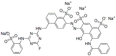 4-(ベンゾイルアミノ)-6-[[5-[[[4-フルオロ-6-[(2-スルホフェニル)アミノ]-1,3,5-トリアジン-2-イル]アミノ]メチル]-1-スルホナフタレン-2-イル]アゾ]-5-ヒドロキシ-1,7-ナフタレンジスルホン酸/ナトリウム 化学構造式