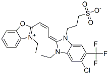 2-[3-[5-chloro-3-ethyl-1,3-dihydro-1-(3-sulphonatopropyl)-6-(trifluoromethyl)-2H-benzimidazol-2-ylidene]prop-1-enyl]-3-ethylbenzoxazolium Structure