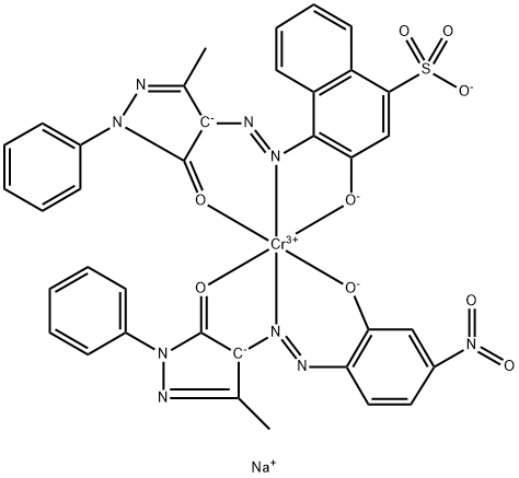 Chromate(2-), [2,4-dihydro-4-[(2-hydroxy-4-nitrophenyl)azo]-5-methyl-2-phenyl-3H-pyrazol-3-onato(2-)][4-[(4,5-dihydro-3-methyl-5-oxo-1-phenyl-1H-pyrazol-4-yl)azo]-3-hydroxy-1-naphthalenesulfonato(3-)]-, disodium Structure