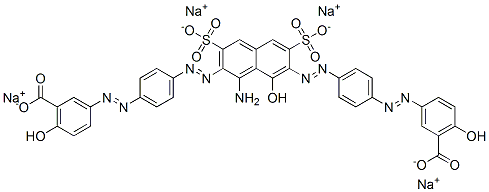 3,3'-[[1-アミノ-8-ヒドロキシ-3,6-ビス(ソジオオキシスルホニル)-2,7-ナフタレンジイル]ビス(アゾ-4,1-フェニレンアゾ)]ビス(6-ヒドロキシ安息香酸ナトリウム) 化学構造式