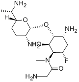 2-アミノ-5-[(アミノアセチル)メチルアミノ]-4-フルオロ-1-O-(2,6-ジアミノ-2,3,4,6,7-ペンタデオキシ-β-L-lyxo-ヘプトピラノシル)-2,3,4,5-テトラデオキシ-D-allo-イノシトール 化学構造式