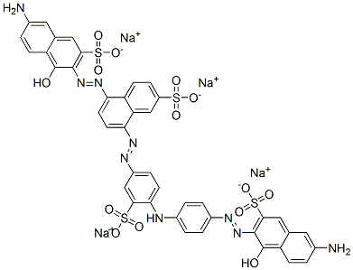 5-[[6-アミノ-1-ヒドロキシ-3-(ソジオオキシスルホニル)-2-ナフタレニル]アゾ]-8-[[4-[[4-[[6-アミノ-1-ヒドロキシ-3-(ソジオオキシスルホニル)-2-ナフタレニル]アゾ]フェニル]アミノ]-3-(ソジオオキシスルホニル)フェニル]アゾ]-2-ナフタレンスルホン酸ナトリウム 化学構造式