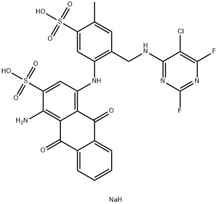 1-アミノ-4-[[2-[[(5-クロロ-2,6-ジフルオロピリミジン-4-イル)アミノ]メチル]-4-メチル-5-(ソジオスルホ)フェニル]アミノ]-9,10-ジヒドロ-9,10-ジオキソ-2-アントラセンスルホン酸ナトリウム 化学構造式