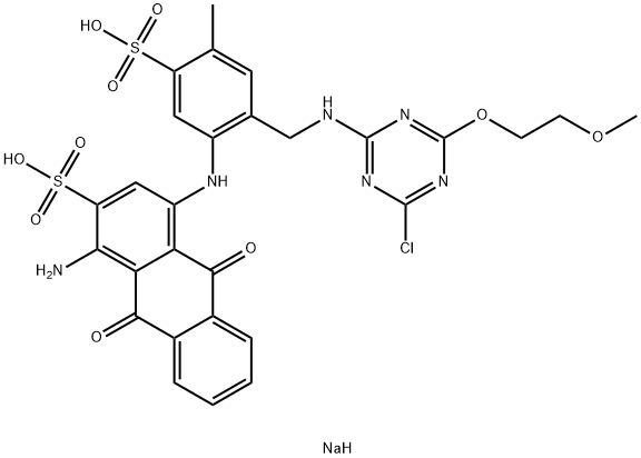 1-アミノ-4-[[2-[[[4-クロロ-6-(2-メトキシエトキシ)-1,3,5-トリアジン-2-イル]アミノ]メチル]-4-メチル-5-(ソジオスルホ)フェニル]アミノ]-9,10-ジヒドロ-9,10-ジオキソ-2-アントラセンスルホン酸ナトリウム 化学構造式