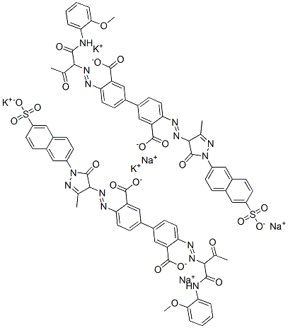 4-[[[4,5-ジヒドロ-3-メチル-5-オキソ-1-(6-スルホ-2-ナフタレニル)-1H-ピラゾール]-4-イル]アゾ]-4′-[[1-[[(2-メトキシフェニル)アミノ]カルボニル]-2-オキソプロピル]アゾ][1,1′-ビフェニル]-3,3′-ジカルボン酸/カリウム/ナトリウム 化学構造式