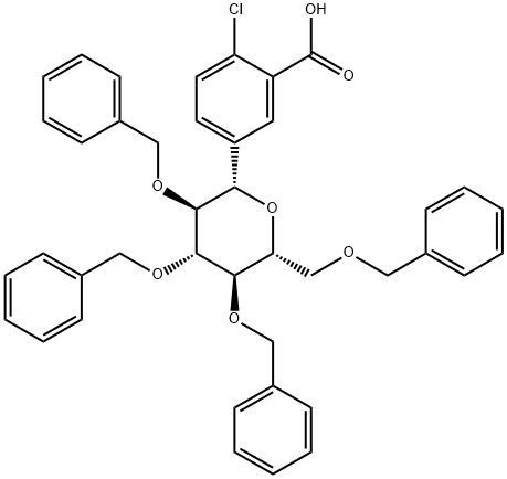 Benzoic acid, 2-chloro-5-[2,3,4,6-tetrakis-O-(phenylMethyl)-β-D-glucopyranosyl]- Structure