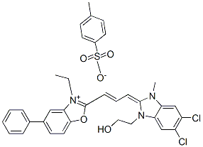 2-[3-[5,6-dichloro-1,3-dihydro-1-(2-hydroxyethyl)-3-methyl-2H-benzimidazol-2-ylidene]prop-1-enyl]-3-ethyl-5-phenylbenzoxazolium toluene-p-sulphonate 结构式