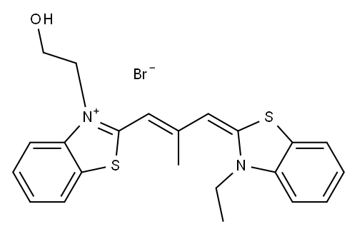 2-[3-(3-ethyl-3H-benzothiazol-2-ylidene)-2-methylprop-1-enyl]-3-(2-hydroxyethyl)benzothiazolium bromide Struktur