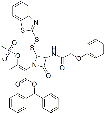 2-(ベンゾチアゾール-2-イルジチオ)-α-[1-[(メチルスルホニル)オキシ]エチリデン]-4-オキソ-3-[(フェノキシアセチル)アミノ]-1-アゼチジン酢酸ジフェニルメチル 化学構造式