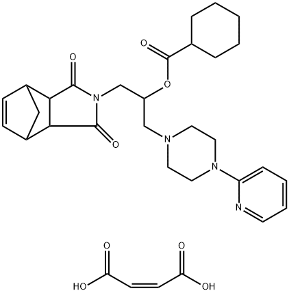 Cyclohexanecarboxylic acid, 1-((1,3,3a,4,7,7a-hexahydro-1,3-dioxo-4,7- methano-2H-isoindol-2-2-yl)methyl)-2-(4-(2-pyridinyl)-1-piperazinyl)et hyl ester, (Z)-2-butenedioate (1:2) 结构式