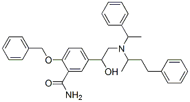 5-[1-ヒドロキシ-2-[(1-メチル-3-フェニルプロピル)(1-フェニルエチル)アミノ]エチル]-2-(フェニルメトキシ)ベンズアミド 化学構造式
