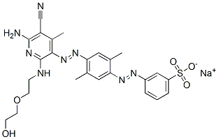 sodium m-[[4-[[6-amino-5-cyano-2-[[2-(2-hydroxyethoxy)ethyl]amino]-4-methyl-3-pyridyl]azo]-2,5-xylyl]azo]benzenesulphonate 结构式