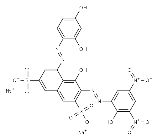 disodium 5-[(2,4-dihydroxyphenyl)azo]-4-hydroxy-3-[(2-hydroxy-3,5-dinitrophenyl)azo]naphthalene-2,7-disulphonate Struktur