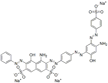 4-アミノ-3-[[4-[[4-アミノ-2-ヒドロキシ-5-[(4-スルホフェニル)アゾ]フェニル]アゾ]フェニル]アゾ]-5-ヒドロキシ-6-(フェニルアゾ)-2,7-ナフタレンジスルホン酸トリナトリウム 化学構造式