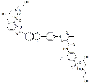 bis[bis(2-hydroxyethyl)ammonium] 2'-[4-[[1-[[(2-methoxy-5-methyl-4-sulphonatophenyl)amino]carbonyl]-2-oxopropyl]azo]phenyl]-6-methyl[2,6-dibenzothiazole]-7-sulphonate Structure