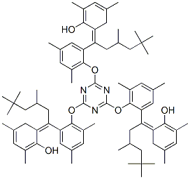 2,2',2''-[1,3,5-トリアジン-2,4,6-トリイルトリス[オキシ(3,5-ジメチル-2,1-フェニレン)(3,5,5-トリメチルヘキサン-6,1-ジイル)]]トリス(4,6-ジメチルフェノール) 化学構造式