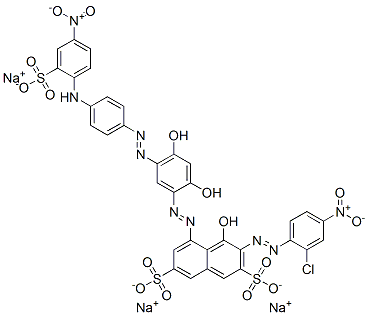 3-[(2-氯-4-硝基苯基)偶氮]-5-[[2,4-二羟基-5-[[4-[(4-硝基-2-磺苯基)氨基]苯基]偶氮]苯基]偶氮]-4-羟基-2,7-萘二磺酸三钠盐, 85391-42-0, 结构式