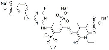tetrasodium 2-[[1-ethyl-1,6-dihydro-2-hydroxy-4-methyl-6-oxo-5-(sulphonatomethyl)-3-pyridyl]azo]-5-[[4-fluoro-6-[(3-sulphonatophenyl)amino]-1,3,5-triazin-2-yl]amino]benzene-1,4-disulphonate Struktur