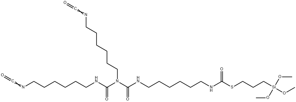 2,9,11,13-Tetraazanonadecanethioic acid, 19-isocyanato-11-(6-isocyanatohexyl)-10,12-dioxo-, S-3-(trimethoxysilyl)propyl ester Structure