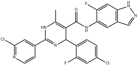 4-(4-クロロ-2-フルオロフェニル)-2-(2-クロロピリジン-4-イル)-N-(6-フルオロ-1H-インダゾール-5-イル)-6-メチル-1,4-ジヒドロピリミジン-5-カルボキサミド 化学構造式