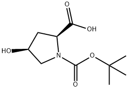 cis-N-(tert-ブトキシカルボニル)-4-ヒドロキシ-L-プロリン 化学構造式