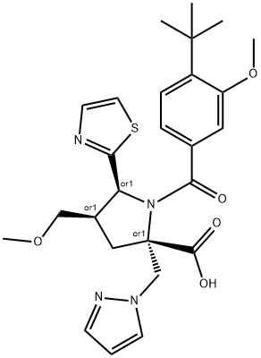 (4R,5S)-REL-1-[4-(1,1-二甲基乙基)-3-甲氧基苄基]-4-(甲氧基甲基)-2-(1H-吡唑-1-甲基)-5-(2-噻唑基)-D-脯氨酸 结构式