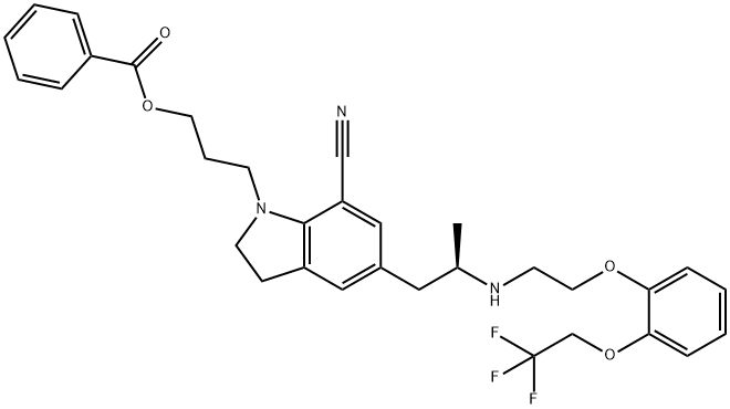 安息香酸3-[7-シアノ-5-[(2R)-2-[[2-[2-(2,2,2-トリフルオロエトキシ)フェノキシ]エチル]アミノ]プロピル]インドリン-1-イル]プロピル 化学構造式