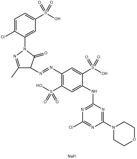 2-[[4-クロロ-6-(4-モルホリニル)-1,3,5-トリアジン-2-イル]アミノ]-5-[[[1-(2-クロロ-5-スルホフェニル)-4,5-ジヒドロ-3-メチル-5-オキソ-1H-ピラゾール]-4-イル]アゾ]-1,4-ベンゼンジスルホン酸トリナトリウム 化学構造式