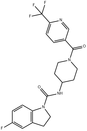 5-FLUORO-N-(1-([6-(TRIFLUOROMETHYL)PYRIDIN-3-YL]CARBONYL)PIPERIDIN-4-YL)INDOLINE-1-CARBOXAMIDE 结构式