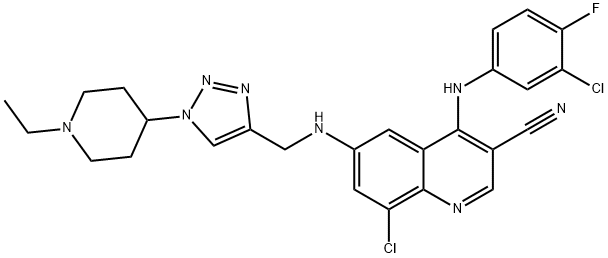 8-氯-4-[(3-氯-4-氟苯基)氨基]-6-[[[1-(1-乙基-4-哌啶)-1H-1,2,3-三唑-4-基]甲基]氨基]-3-喹啉甲腈 结构式