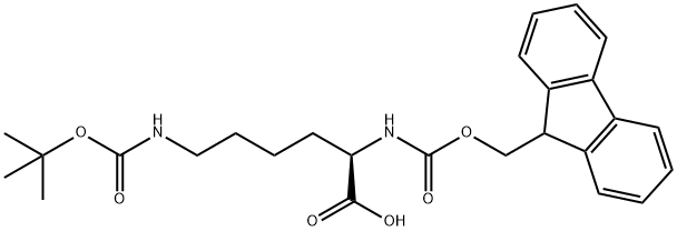 Nε-(tert-ブトキシカルボニル)-Nα-[(9H-フルオレン-9-イルメトキシ)カルボニル]-D-リジン 化学構造式