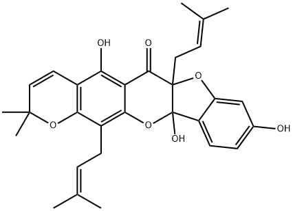 (+)-6a,11b-Dihydro-5,9,11b-trihydroxy-2,2-dimethyl-6a,13-bis(3-methyl-2-butenyl)-2H,6H-benzofuro[3,2-b]pyrano[3,2-g][1]benzopyran-6-one Struktur