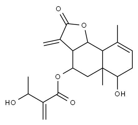 3-Hydroxy-2-methylenebutanoic acid 2,3,3a,4,5,5a,6,7,9a,9b-decahydro-6-hydroxy-5a,9-dimethyl-3-methylene-2-oxonaphtho[1,2-b]furan-4-yl ester Struktur