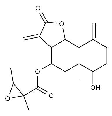 2,3-Dimethyloxiranecarboxylic acid 2,3,3a,4,5,5a,6,7,8,9,9a,9b-dodecahydro-6-hydroxy-5a-methyl-3,9-bis(methylene)-2-oxonaphtho[1,2-b]furan-4-yl ester Struktur
