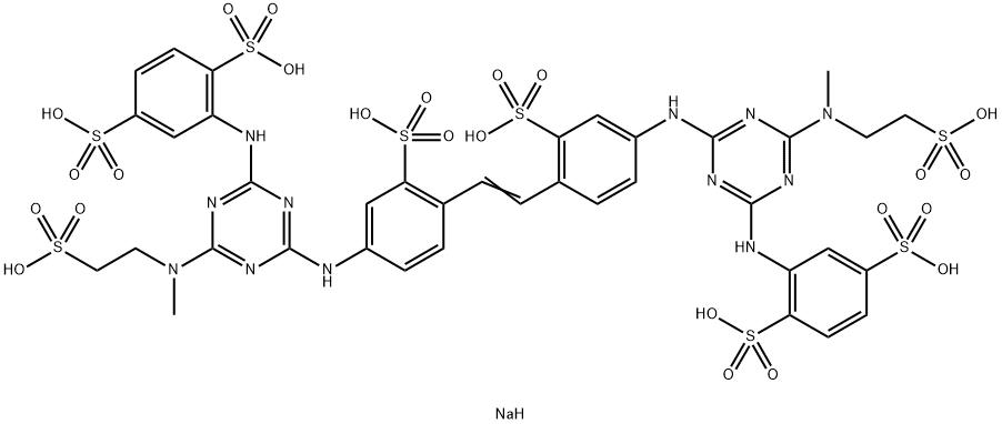 2,2'-[1,2-エテンジイルビス[(3-スルホ-4,1-フェニレン)イミノ[6-[メチル(2-スルホエチル)アミノ]-1,3,5-トリアジン-4,2-ジイル]イミノ]]ビス(1,4-ベンゼンジスルホン酸)オクタナトリウム 化学構造式