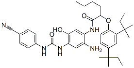 N-[2-amino-4-[[[(4-cyanophenyl)amino]carbonyl]amino]-5-hydroxyphenyl]-2-[2,4-bis(1,1-dimethylpropyl)phenoxy]hexanamide Struktur