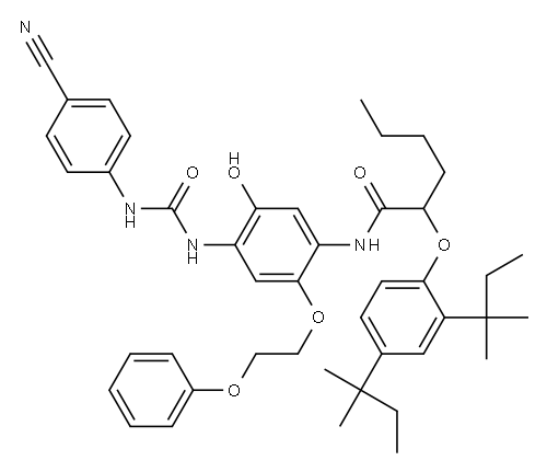 2-[2,4-ビス(1,1-ジメチルプロピル)フェノキシ]-N-[4-[[[(4-シアノフェニル)アミノ]カルボニル]アミノ]-5-ヒドロキシ-2-(2-フェノキシエトキシ)フェニル]ヘキサンアミド 化学構造式