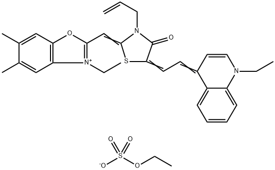 3-エチル-2-[[5-[2-(1-エチルキノリン-4(1H)-イリデン)エチリデン]-4-オキソ-3-アリルチアゾリジン-2-イリデン]メチル]-5,6-ジメチルベンゾオキサゾール-3-イウム・(エチルスルファート)アニオン 化学構造式