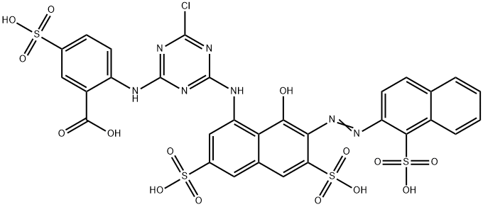 2-[[4-chloro-6-[[8-hydroxy-3,6-disulpho-7-[(1-sulpho-2-naphthyl)azo]-1-naphthyl]amino]-1,3,5-triazin-2-yl]amino]-5-sulphobenzoic acid Struktur