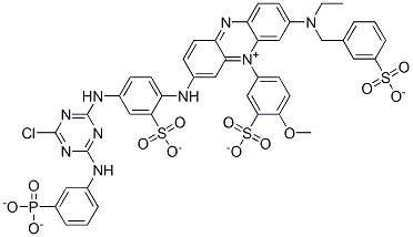 3-[[4-[[4-クロロ-6-[(3-ホスホノフェニル)アミノ]-1,3,5-トリアジン-2-イル]アミノ]-2-スルホフェニル]アミノ]-7-[エチル[(3-スルホフェニル)メチル]アミノ]-5-(4-メトキシ-3-スルホナトフェニル)フェナジン-5-イウム 化学構造式
