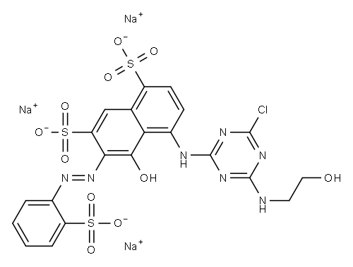 4-[[4-クロロ-6-[(2-ヒドロキシエチル)アミノ]-1,3,5-トリアジン-2-イル]アミノ]-5-ヒドロキシ-6-[(2-スルホフェニル)アゾ]-1,7-ナフタレンジスルホン酸トリナトリウム 化学構造式