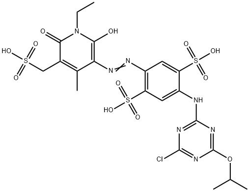 2-[[4-chloro-6-isopropoxy-1,3,5-triazin-2-yl]amino]-5-[[1-ethyl-1,6-dihydro-2-hydroxy-4-methyl-6-oxo-5-(sulphomethyl)-3-pyridyl]azo]-benzene-1,4-disulphonic acid Struktur